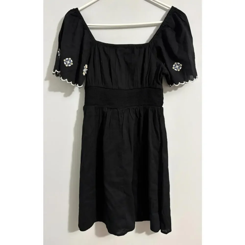 NWT Old Navy Smocked Flutter Short Sleeve Black Dress Embroidered Flowers XS - Picture 4 of 8